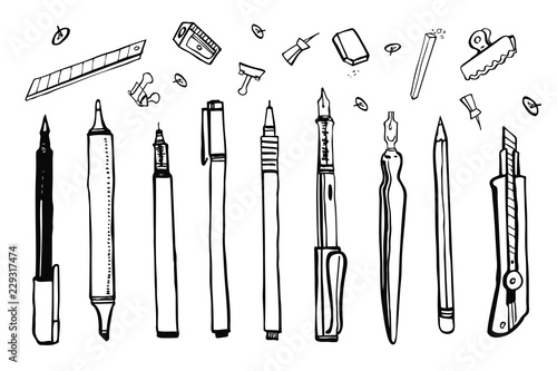Set of hand drawn sketch vector artist materials. Black and white stylized illustration with drawing tools. Pens, pencils, markers, liners and knife isolated on white background
