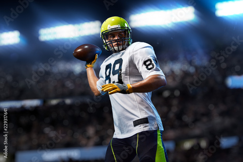 American football sportsman player on stadium in action. Sport advertising