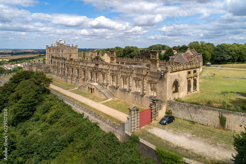 Bolsover castle in Nottinghamshire, England, UK. Partly ruined. Aerial view.