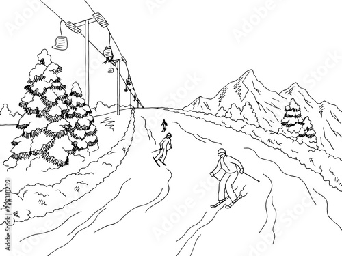 People skiing at the mountains graphic black white landscape sketch illustration vector
