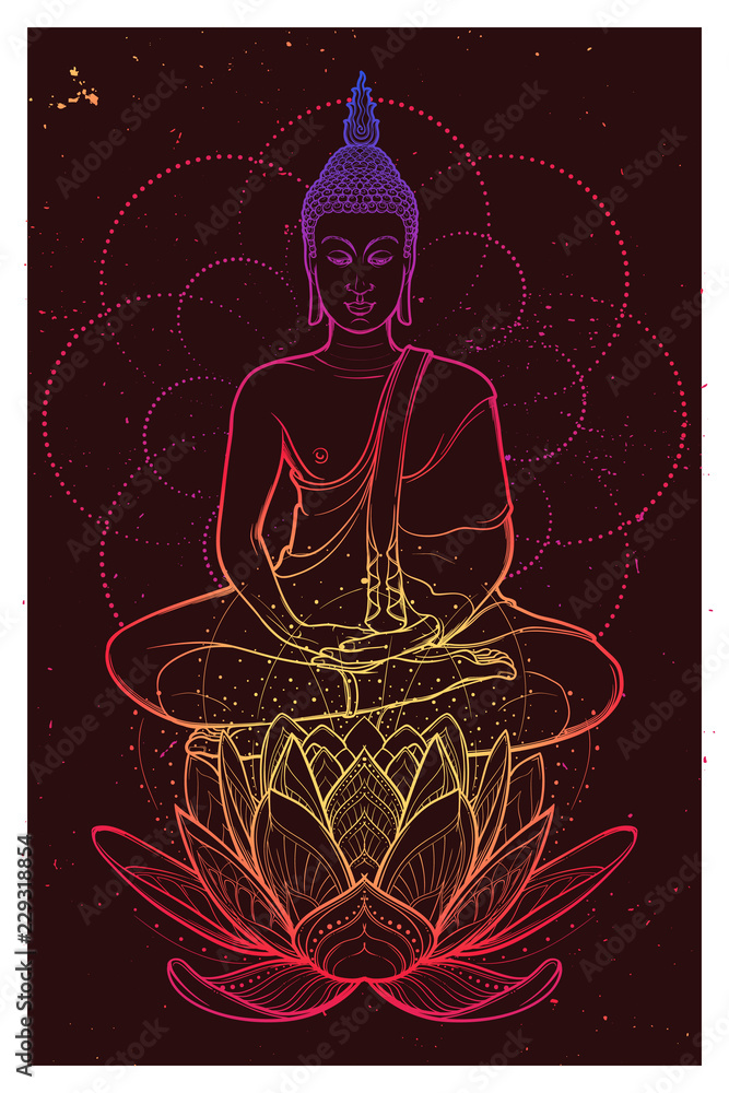 Buddha meditating in the single lotus position. Hexagram representing  anahata chakra in yoga on a background. Intricate hand drawing isolated on  grunge textured background. Tattoo design. EPS10 Stock Vector | Adobe Stock