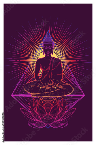 Buddha meditating in the single lotus position. Intricate hand drawing isolated on Byzantium tone background. Tattoo design. EPS10 vector illustration