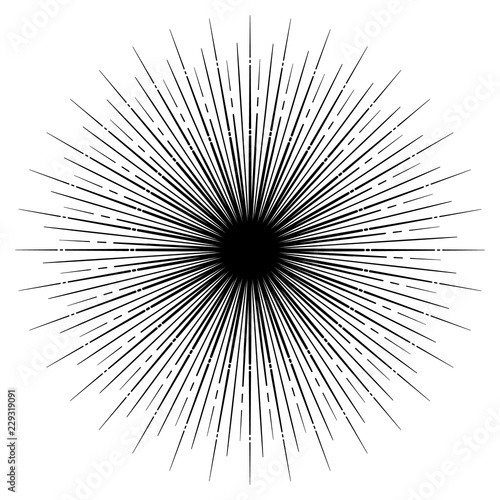 Rays of radiating light. Regular beams distribution. Circular shape. Tattoo design, yoga logo. Boho print, poster, t-shirt textile. EPS10 vector illustration
