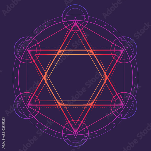 Hexagram encompassed with a circle. Multicultural symbol representing anahata chakra in yoga and a Star of David. Line drawing isolated on a deep violet background. Tattoo design. EPS10 vector