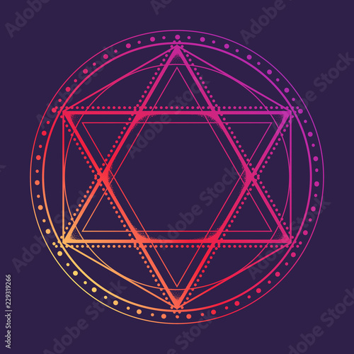 Hexagram encompassed with a circle. Multicultural symbol representing anahata chakra in yoga and a Star of David. Line drawing isolated on a deep violet background. Tattoo design. EPS10 vector photo