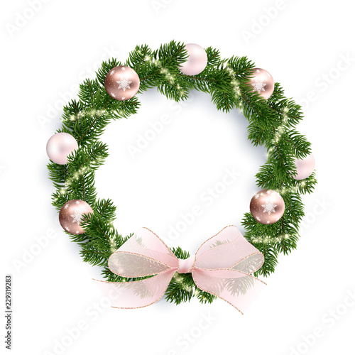 Christmas wreath, rose gold balls, glowing sparks and a pink bow. Golden shining sparks. White background. Realistic illustration. Vector EPS10.