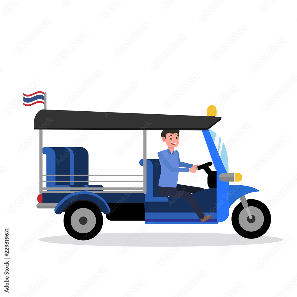 Fototapeta premium Tuk TukThailand design with driver and isolated white background vector.Taxi driver Bangkok Thailad.