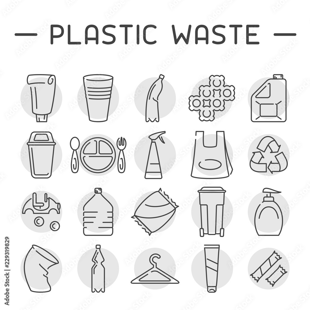 Plastic waste icons set. Linear style vector illustration