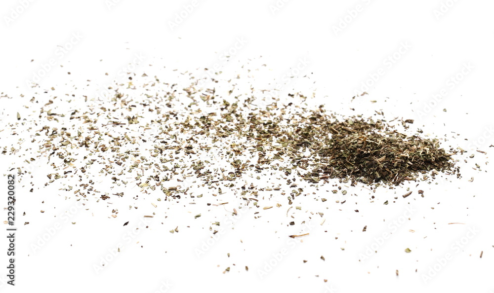 Oregano spice pile isolated on white background, top view Oregano spice pile isolated on white background, top view