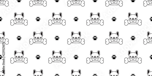 Dog seamless pattern vector french bulldog pug bone paw scarf isolated puppy wallpaper background white