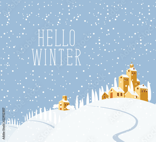 Snowy winter landscape with village church on the snow-covered hill. Vector illustration, winter background with words Hello winter