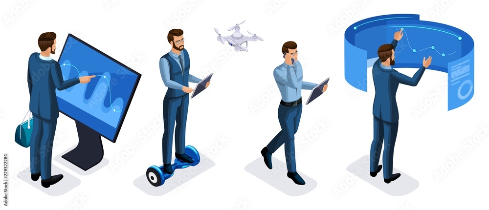 Isometric set of businessman with gadgets front view rear view, use tablets, smartphone, laptops, interactive screens, virtual reality