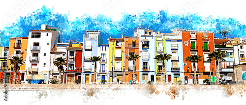 Colorful coastal village painting photo