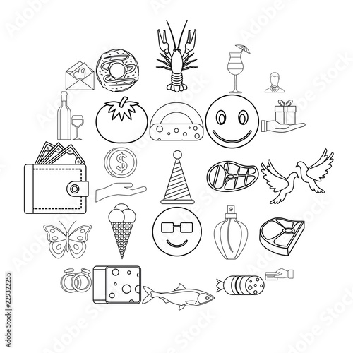 Celebratory icons set. Outline set of 25 celebratory vector icons for web isolated on white background
