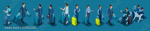 Isometric set of international airport icons, passengers, businessman with luggage on a business trip, transit zone, air lines