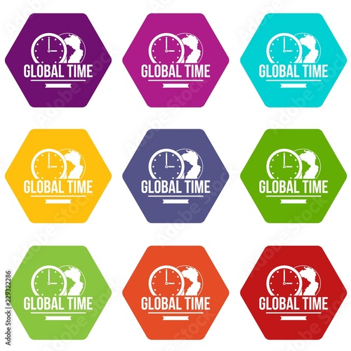 Global time icons 9 set coloful isolated on white for web