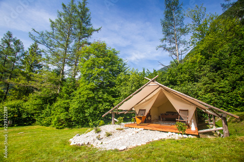 Glamping tent exterior in Adrenaline Check eco camp in Slovenia. photo