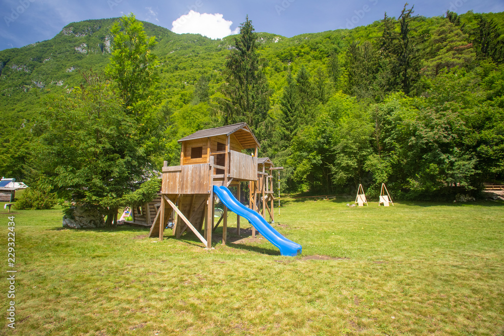 Children's playground in Adrenaline Check eco camp resort in Slovenia. Children's playground in Adrenaline Check eco camp resort in Slovenia.