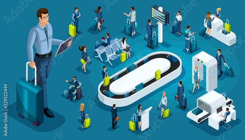 Isometric set 6, international airport icons, passengers with luggage, big businessman on a business trip, transit zone, air lines