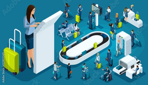 Isometric set 2, international airport icons, passengers with luggage, big business lady on a business trip, transit zone, air lines