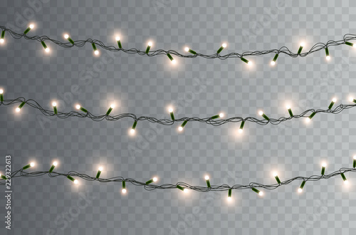 Lights bulbs isolated on transparent background. Glowing golden Christmas garlands string. Vector New Year party lights decorations.