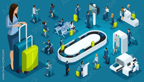 Isometric set 1, international airport icons, passengers with luggage, big business lady on a business trip, transit zone, air lines