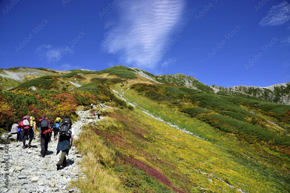 Trekker walking mountain path to Mt.Tsurugidake, Toyama, Japan alps
