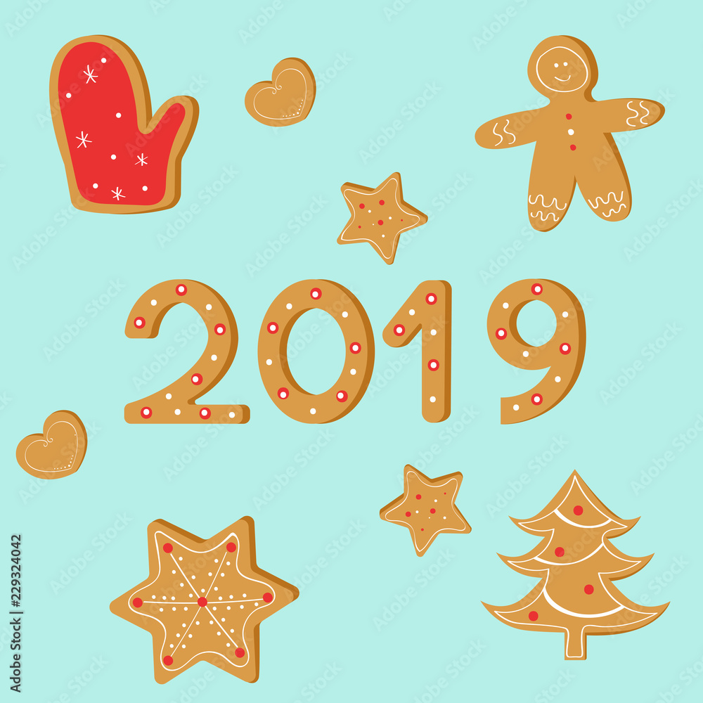 Christmas postcard with ginger cookies: mitten; heart; star; snowflake;ginger man; tree;2019. Christmas postcard with ginger cookies: mitten; heart; star; snowflake;ginger man; tree;2019.