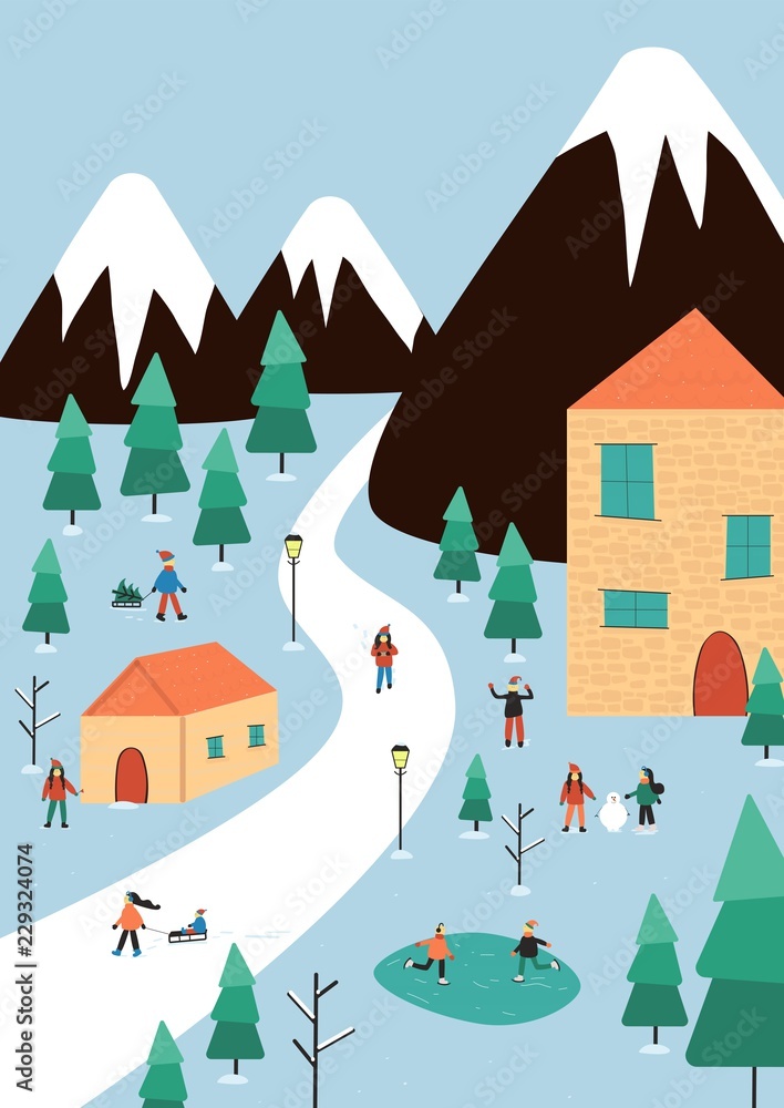 Winter landscape with people and  decoration: tree, skating, slade, snowman, gift, flag. Mountain city, cozy village in modern flat design.