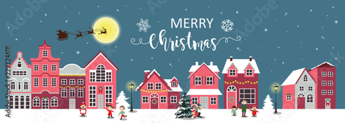 Christmas banner holiday concept vector illustration. Snowy Christmas landscape.