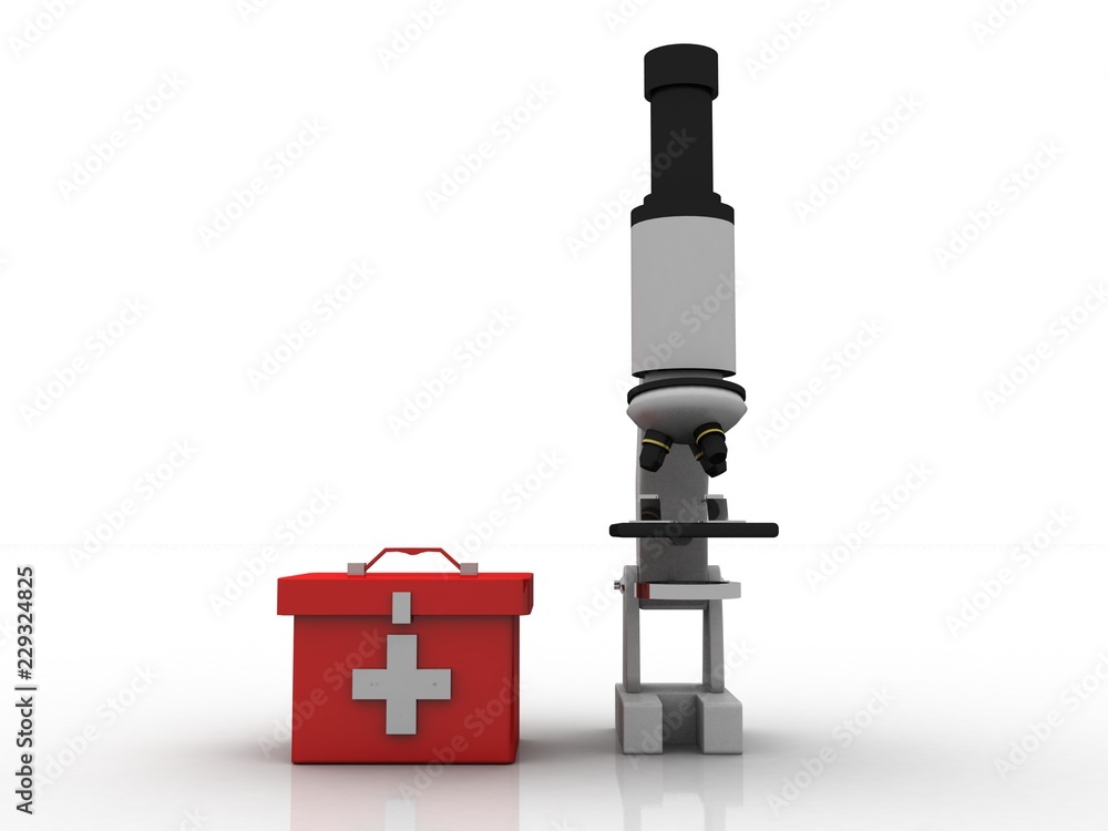 3d rendering Microscope with first aid box 3d rendering Microscope with first aid box