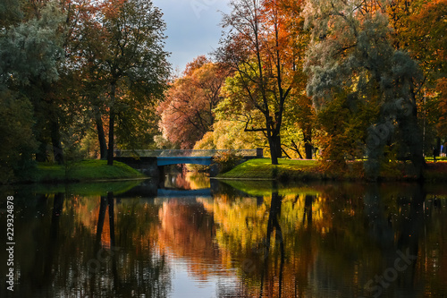 Beautiful autumn landscape on Elagin island, Saint-Petersburg, Russia.