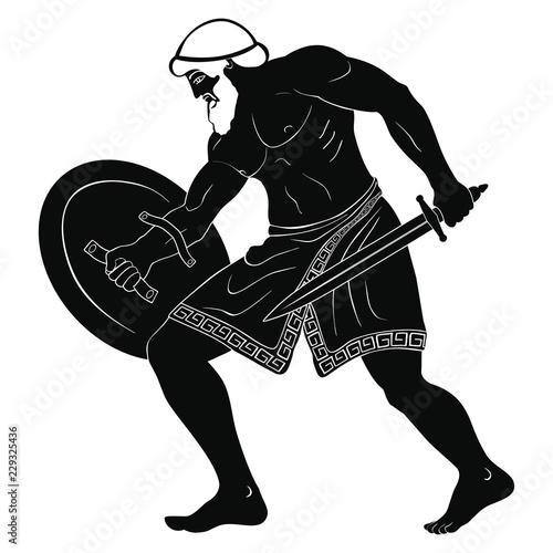 Ancient Greek warrior with a weapon isolated on a white background. The gladiator with a sword and a shield in his hand.
