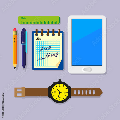 Color flat art illustration of a ruler, a notebook, pen, pencil, tablet PC and watches