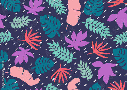 Seamless tropical pattern. Tropical plants and palm leaves in coral, teal and...