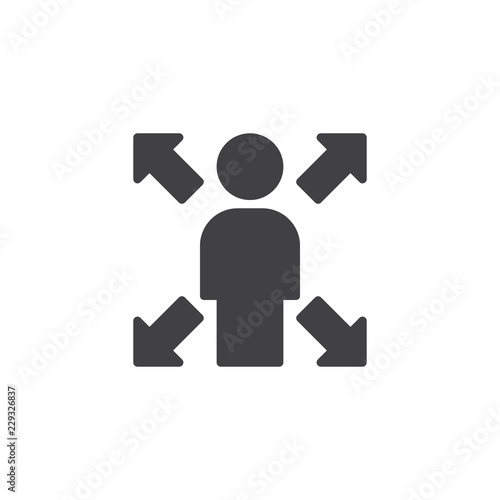Man with arrows in four directions vector icon. filled flat sign for mobile concept and web design. Employee choice simple solid icon. Symbol, logo illustration. Pixel perfect vector graphics