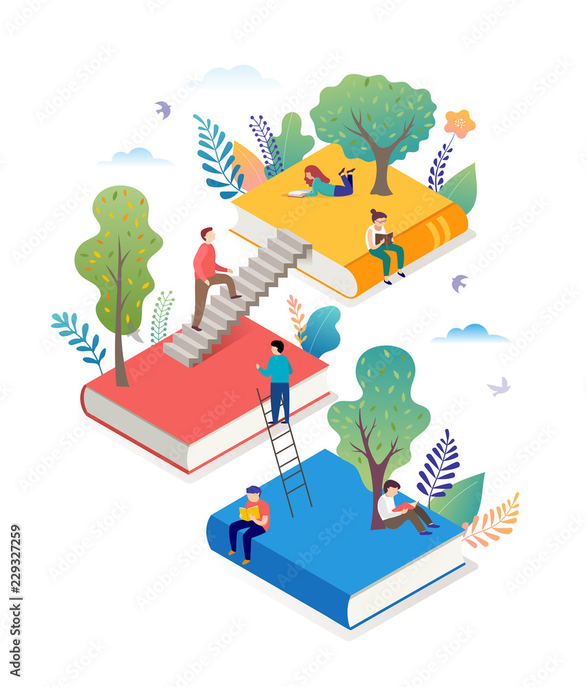 Obraz premium Book festival concept - a group of tiny people reading a huge open book. Vector illustration, poster and banner