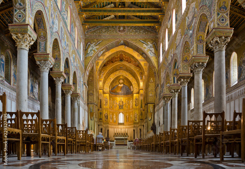 Monreale, Sicily, cathedral. Interior with nave, altar, and choir photo