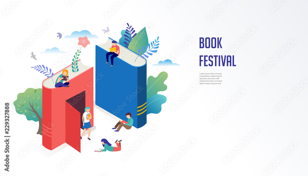 Fototapeta premium Book festival concept - a group of tiny people reading a huge open book. Vector illustration, poster and banner