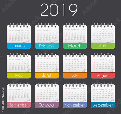 Colorful year 2019 calendar template. Vector Illustration