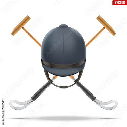 Polo mallet with horseman helmet. Wood mallet equipment for horserider. Symbol of polo sport game. Vector illustration isolated on background.