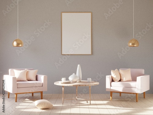Modern minimalistic interior with an armchair. 3D render.
