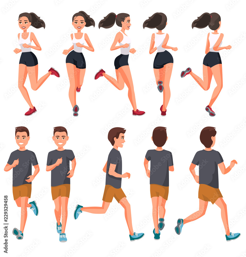 Vector illustration of running young man in casual clothes .Cartoon realistic people illustration.Flat young woman.Front, side and back views. Isometric views. Sportive woman. Sport, training, run. Vector illustration of running young man in casual clothes .Cartoon realistic people illustration.Flat young woman.Front, side and back views. Isometric views. Sportive woman. Sport, training, run.