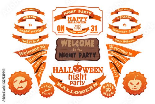 Set of Halloween vector orange labels and ribbons with inscriptions. Scrapbook elements for design and layout. Halloween symbols and attributes in vintage style