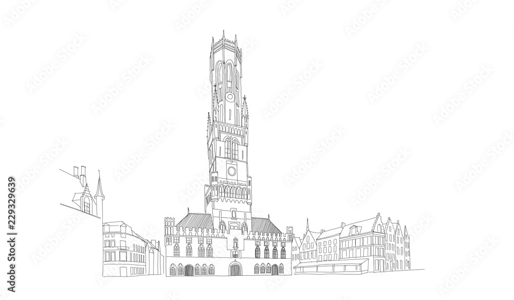 Fototapeta premium Vector sketch of Belfort van Brugge - famouse 12th-century belfry Belfort of Bruges and Grote Markt square, Belgium.