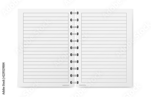 Vector illustration of a realistic open exercise book with a silver spiral. Vertical blank business notebook  in a cage on metal rings.  Layers grouped for easy editing illustration. For your design.