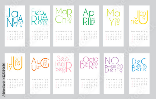 Colorful year 2019 calendar template. Vector Illustration