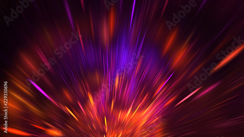 Abstract holiday background with blurred rays and sparkles. Blue and red light effect. Digital fractal art. 3d rendering.