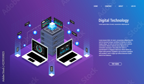 Analysis and Investment. Data visualization concept. 3d isometric vector illustration. Big data flow processing concept, cloud database.
