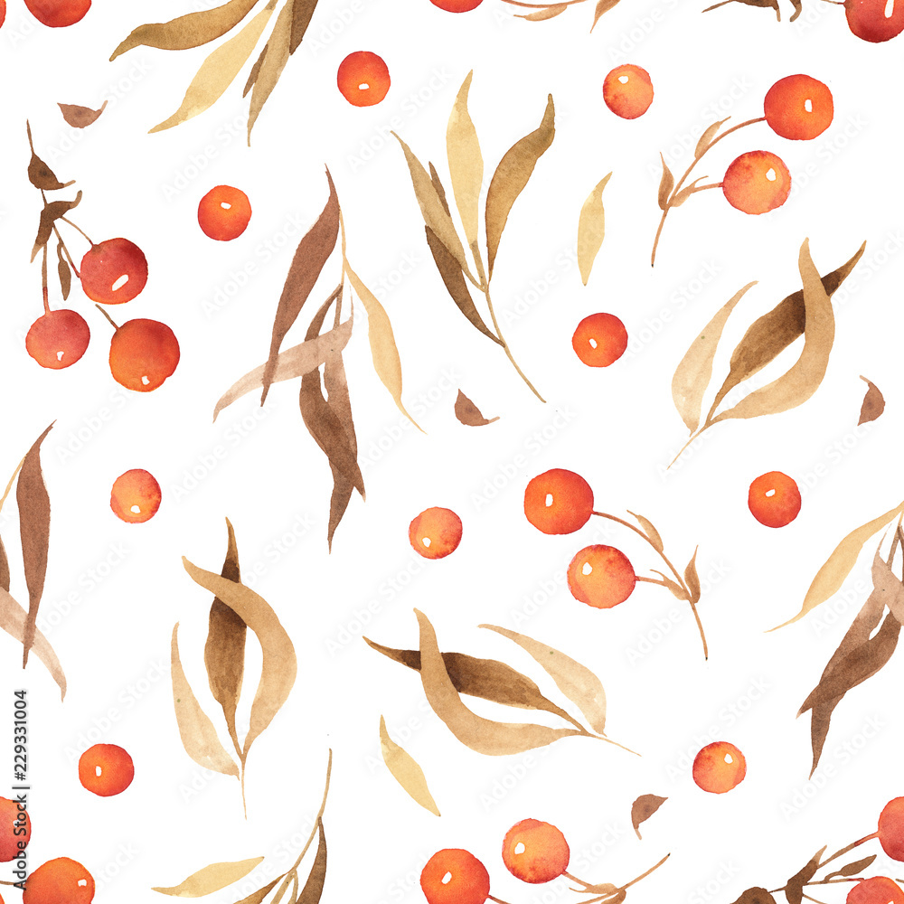 Watercolor autumn seamless pattern of brown and yellow leaves and red ...